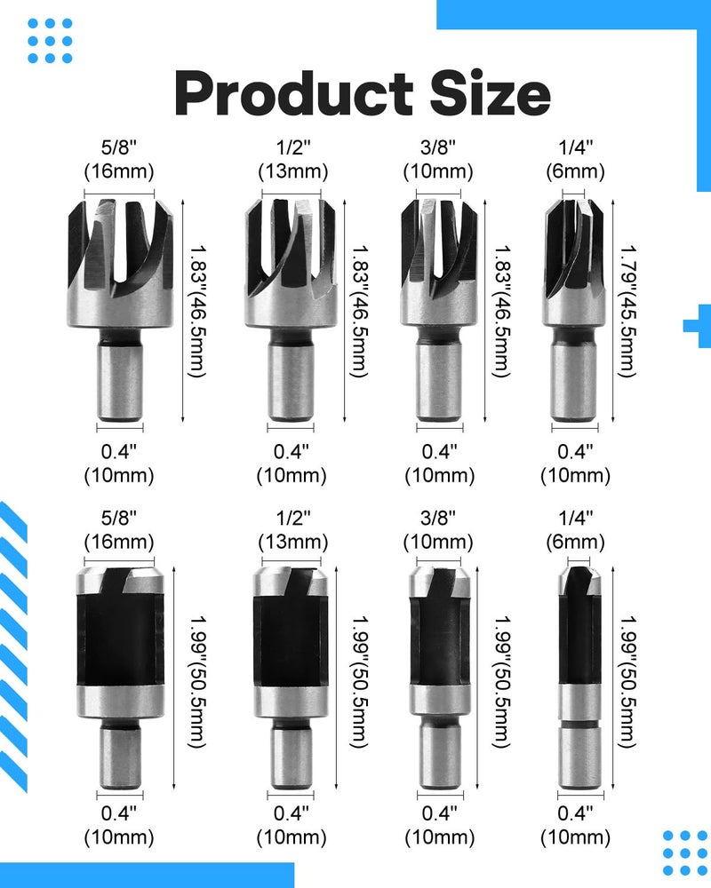 AOKLIT Plug Cutters for Woodworking, 8pcs Wood Plug Cutters Drill Bit Set with 1/4 Round Shank, Straight and Tapered Taper Cutting Tool 1/4", 5/8", 3/8", 1/2", Silver - Image 2